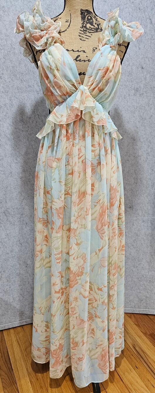 Baltic Born Brigitta Floral Ruffle Maxi Dress, Open Back, Mint Floral, Sz S, NEW